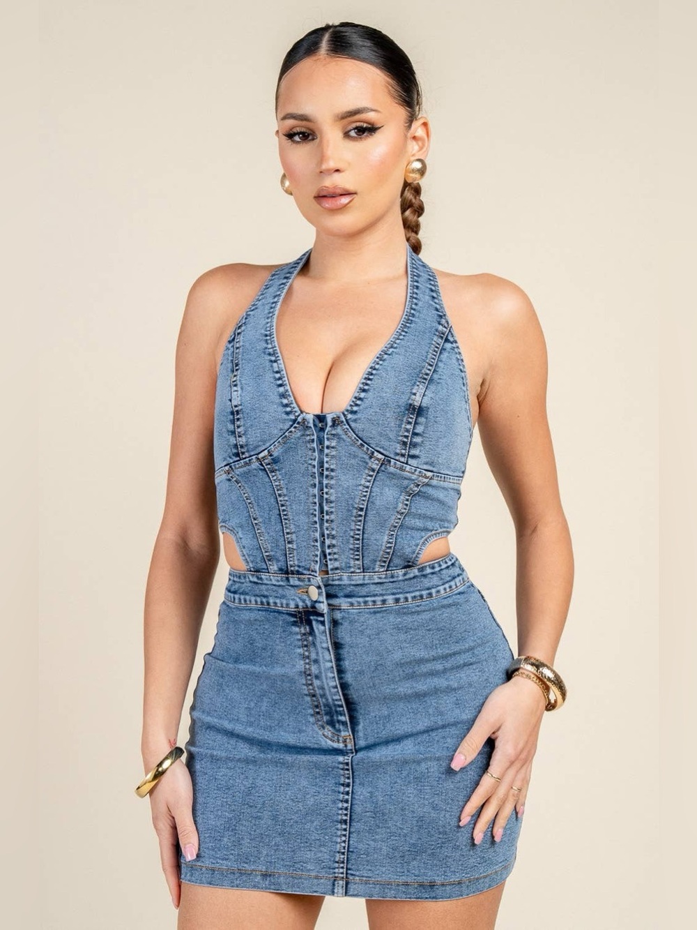 Denim Halter Mini Skirt Dress - Light Blue